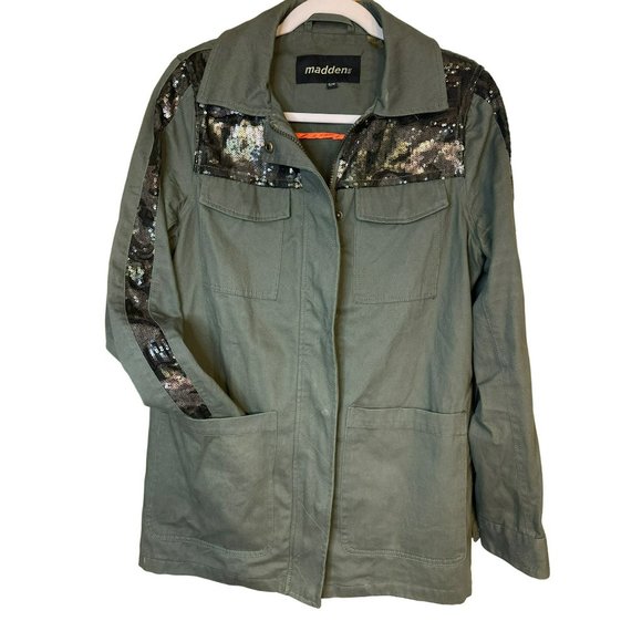 Madden NYC Women's Jacket SZ Small Olive Zip Military Style Sequin Long Sleeve - Picture 3 of 8